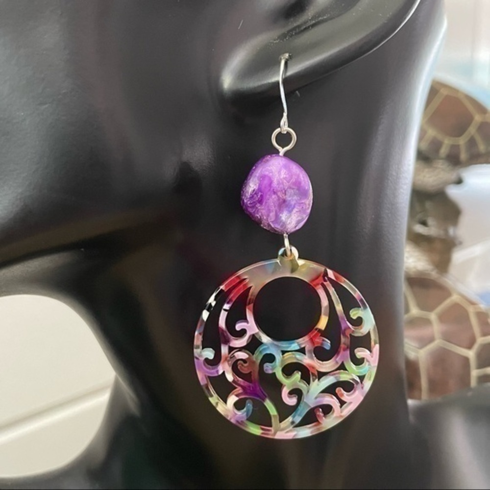 2/$29 Handmade Rainbow Acrylic Hoop & Purple Shell Earrings 3β Y2K 90s 80s - Picture 1 of 5